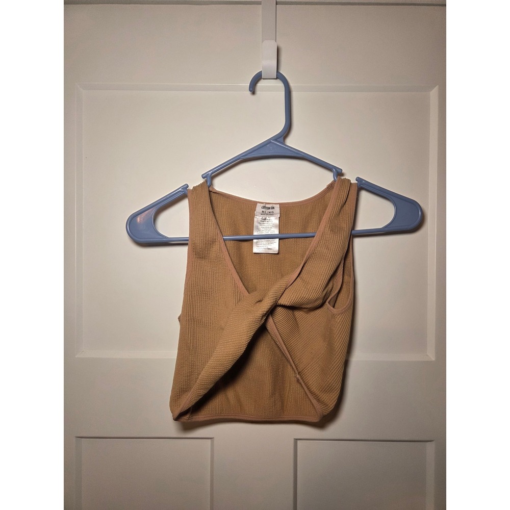 Cotton On Tan Twist Front Waffle Knit Crop Top Sleeveless V-Neck Brown M/L